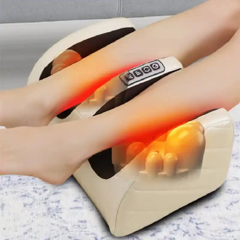 Heated foot massager machine with air compression and rollers in use