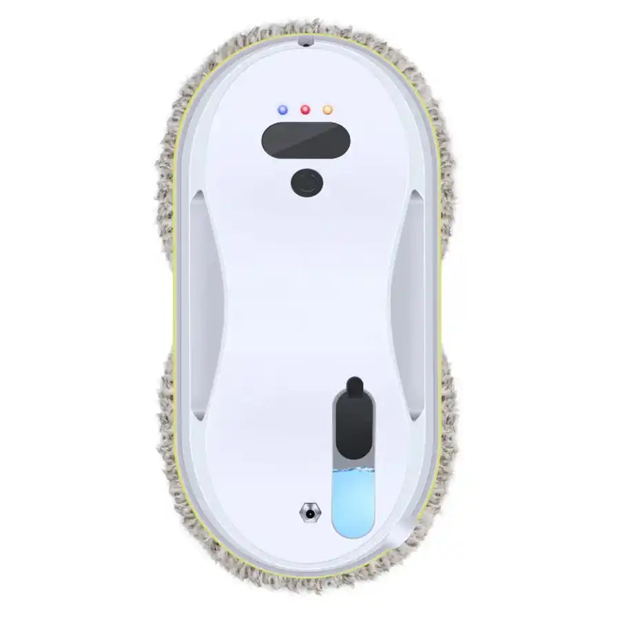 White robotic window cleaner with microfiber edge pads and water tank indicator