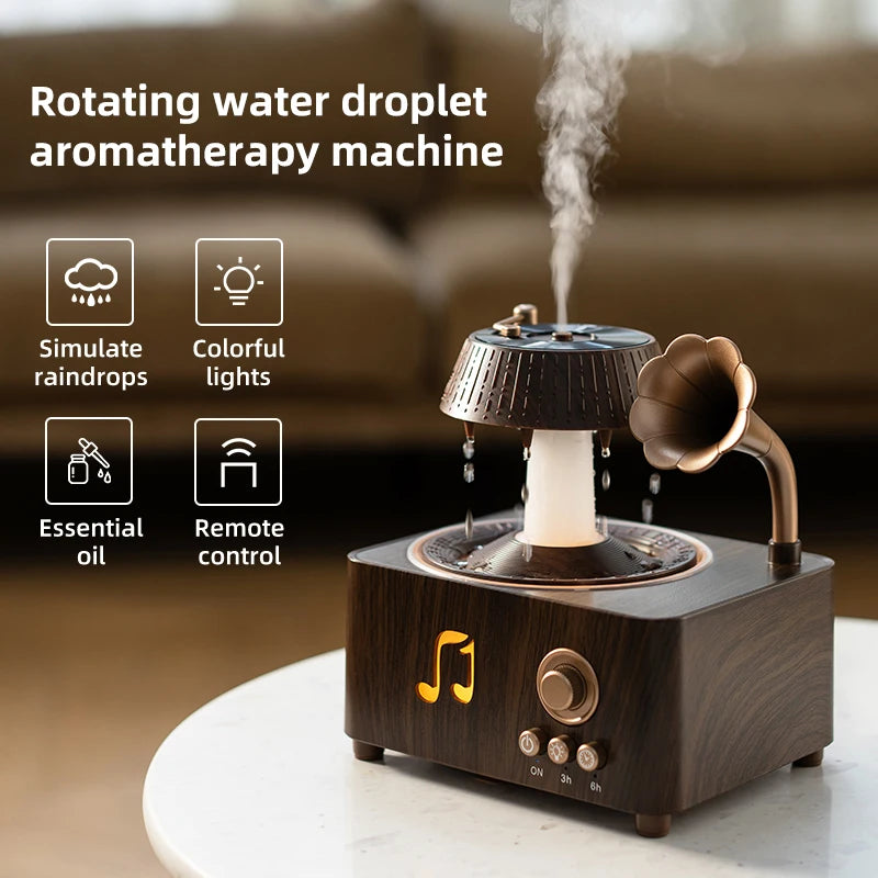 Transform Your Space with the 250Ml Phonograph-Style Rotating Raindrop Aromatherapy Humidifier & Essential Oil Diffuser