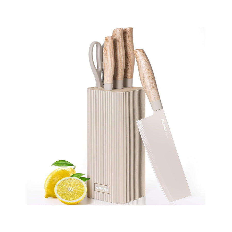 Elevate Your Culinary Experience with Our 6-Piece High Carbon Stainless Steel Knife Set - Stylish Wood Grain Handles and Modern Khaki Block!