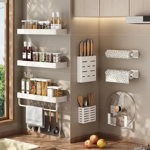 Wall-mounted kitchen storage rack with spice shelves and utensil hooks