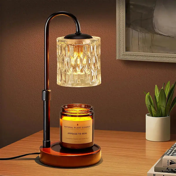 Decorative lamp with a candle on a wooden surface, surrounded by a plant and a painting.