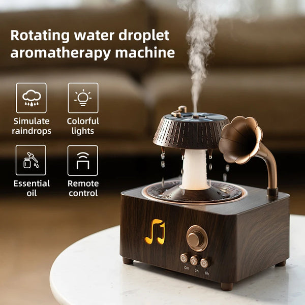 Transform Your Space with the 250Ml Phonograph-Style Rotating Raindrop Aromatherapy Humidifier & Essential Oil Diffuser