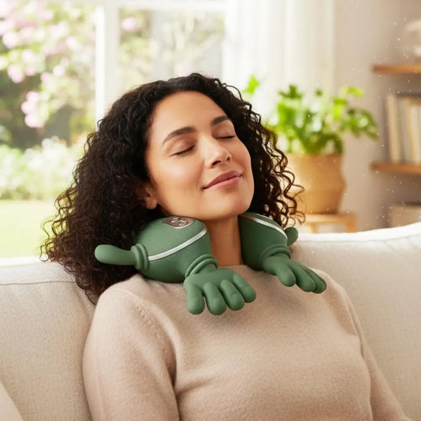 Heated shoulder massager side profile showing infrared heat zones and wrap design