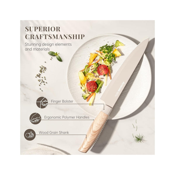 Elevate Your Culinary Experience with Our 6-Piece High Carbon Stainless Steel Knife Set - Stylish Wood Grain Handles and Modern Khaki Block!